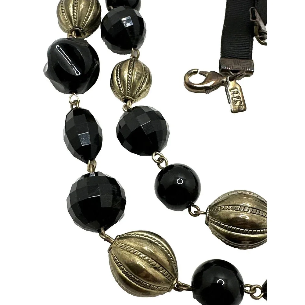 1928 Brand Black Gold Bead Necklace Faceted Floral Cabochon Ribbon Statement 24